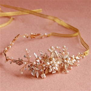Vintage Gold Crystal Beads Pearl Flower Wedding Bridal Hairbands Women Hair Ribbon Accessories