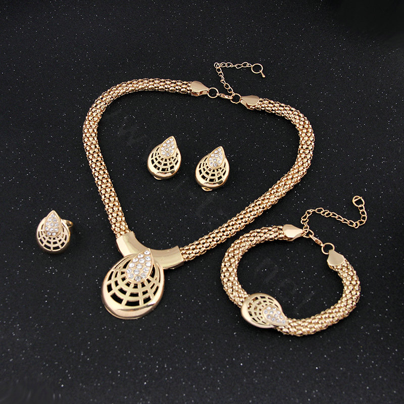 Wedding Bridal Party Jewelry Sets 18K Gold Plated Teardrop Shape Statement Necklace Earrings Bracelet Ring 4pcs/set