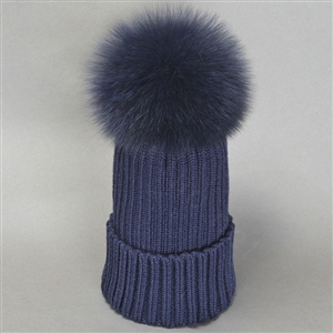 Winter Warm Cute Baby's Knitted Hat With Fox Fur Poms Poms Unisex Kids Casual Caps - Blue