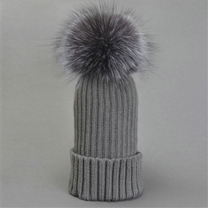 Winter Warm Cute Baby's Knitted Hat With Sliver Fox Fur Poms Poms Unisex Kids Casual Caps - Grey