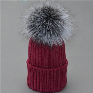 Winter Warm Cute Baby's Knitted Hat With Sliver Fox Fur Poms Poms Unisex Kids Casual Caps - Wine Red