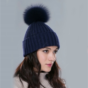 Winter Warm Knitted Beanies Hat With Fox Fur Poms Poms Women Couples Snow Caps - Blue