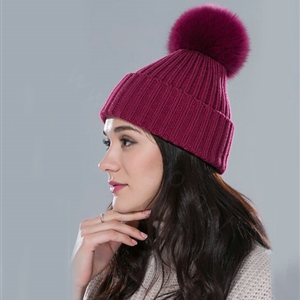 Winter Warm Knitted Beanies Hat With Fox Fur Poms Poms Women Couples Snow Caps - Wine Red