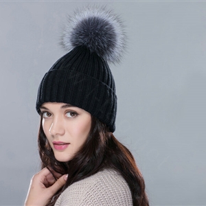 Winter Warm Knitted Beanies Hat With Sliver Fox Fur Poms Poms Women Snow Caps - Black