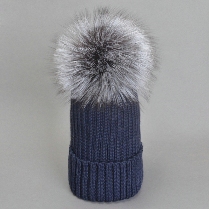 Winter Warm Knitted Beanies Hat With Sliver Fox Fur Poms Poms Women Snow Caps - Blue