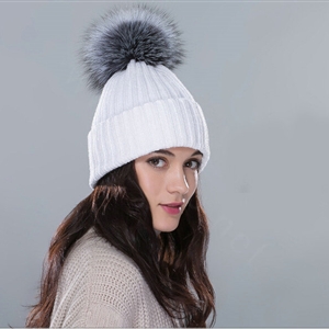 Winter Warm Knitted Beanies Hat With Sliver Fox Fur Poms Poms Women Snow Caps - White