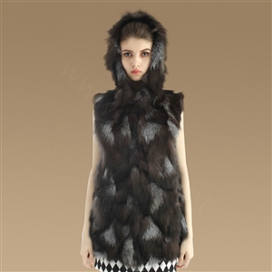 Women Fashion Luxury Genuine Natural Silver Fox Fur Vest With Hooded Long Fur Gilet - Coffee