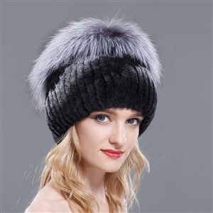 Women Winter Genuine Rex Rabbit Fur Hat With Fox Fur Pom Poms Top Knitted Beanies - Black Grey