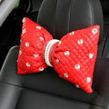 Bowknot Pearl Rhinestone Car Headrest Genuine Sheepskin Neck Safety Pillow 1pcs - Red