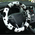 Calssic Fuzzy Milk Cow Print Winter Plush Car Steering Wheel Covers 15 inch 38CM - Black White