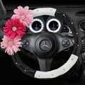 Calssic Pink Flower Crystal PU Leather Car Steering Wheel Covers 15 inch 38CM - Black White
