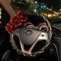 Camellia Flower Diamond Car Steering Wheel Covers Genuine Leather 15 inch 38CM - Red