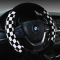 Classic Plaid Winter Plush Car Steering Wheel Covers 15 inch 38CM - Black White