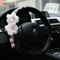 Cute Princess Crystal Flower Auto Steering Wheel Covers Genuine Sheepskin 14 inch 36CM - Black