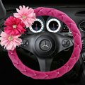 Cute Women Flower Flocking Rhinestone Car Steering Wheel Covers 15 inch 38CM - Rose Pink