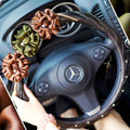 Elegant Pearl Rose Flower Car Steering Wheel Covers Genuine Sheepskin 14 inch 36CM - Black