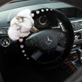 Luxurious Genuine Wool Fox Fur Crystal Auto Steering Wheel Covers 15 inch 38CM - Black