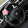 Luxury Crystal Beads Flower Grip Steering Wheel Covers Female Genuine Leather 15 inch 38CM - Black