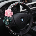 Luxury Crystal Beads Pearl Flower Car Steering Wheel Covers Genuine Leather 14 inch 36CM - Black