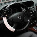 Luxury Pearl Camellia Flower Grip Steering Wheel Covers Genuine Sheepskin 15 inch 38CM - Black White