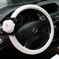 Newest Luxury Pearl Flower Car Steering Wheel Covers Genuine Sheepskin 14 inch 36CM - White