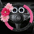 Pink Flower Crystal Female PU Leather Car Steering Wheel Covers 15 inch 38CM - Rose Black