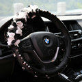 Popular Lace Flower Crystal Car Steering Wheel Covers Genuine Sheepskin 16 inch 40CM - Black