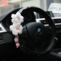 Romantic Powder Crystal Flower Car Steering Wheel Covers Genuine Sheepskin 16 inch 40CM - Black