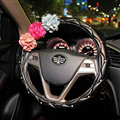 Color Camellia Diamond Car Steering Wheel Covers Genuine Leather 15 Inch 38CM - Black