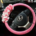 Floral Car Steering Wheel Cover Bud Silk Genuine Leather 15 Inch 38CM - Pink