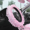 Flower Lace Car Steering Wheel Cover Bud Silk Fiber Cloth 15 Inch 38CM - Pink