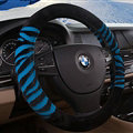 Fringe Zebra Print Car Steering Wheel Wrap Velvet 15 Inch 38CM - Black Blue