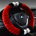 Fuzzy Leopard Print Auto Steering Wheel Wrap Velvet 15 Inch 38CM - Red