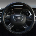Lozenge Pattern Car Steering Wheel Covers Sheepskin Leather 15 Inch 38CM - Black