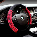 Unique Leopard Print Car Steering Wheel Covers Velvet 15 Inch 38CM - Black Red