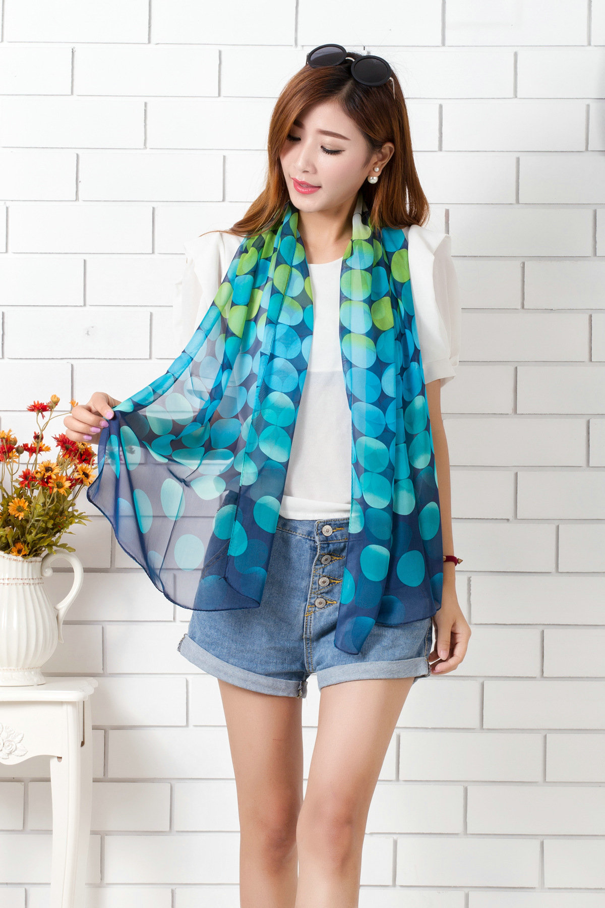 Chiffon Scarf Shawls Winter Women Polka Dot Print Solid 160*50CM - Blue