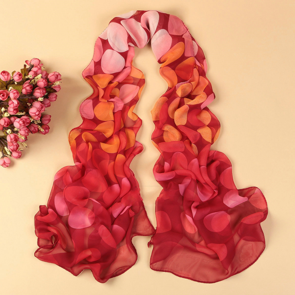 Chiffon Scarf Shawls Winter Women Polka Dot Print Solid 160*50CM - Red