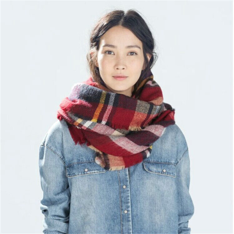 Plaid Scarf Shawls Pashmina Women Warm Cashmere Solid Scarves 140*140CM - Dark Red