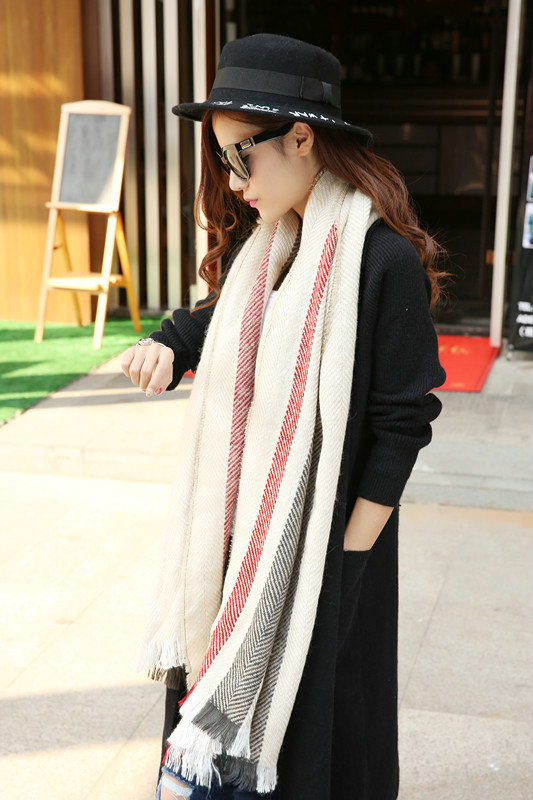 Plaid Women Scarf Shawls Winter Warm Cashmere Solid Scarves 180*90CM - Beige