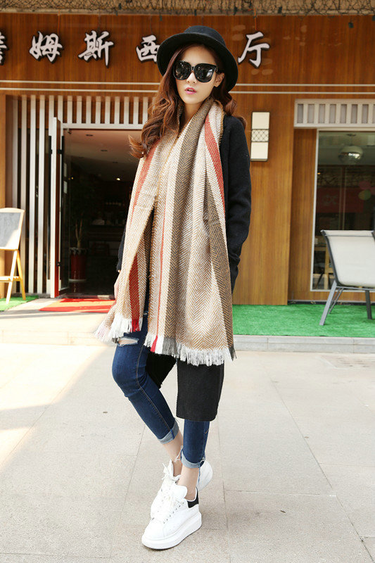 Plaid Women Scarf Shawls Winter Warm Cashmere Solid Scarves 180*90CM - Coffee