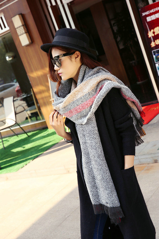 Plaid Women Scarf Shawls Winter Warm Cashmere Solid Scarves 180*90CM - Grey