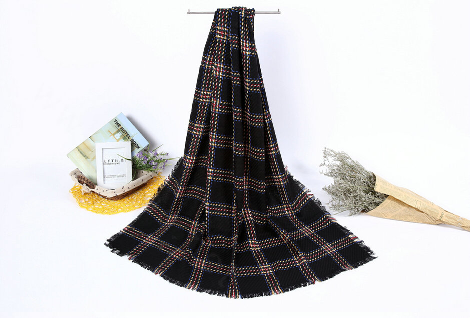 Plaid Women Scarf Shawls Winter Warm Wool Solid Scarves 200*100CM - Black