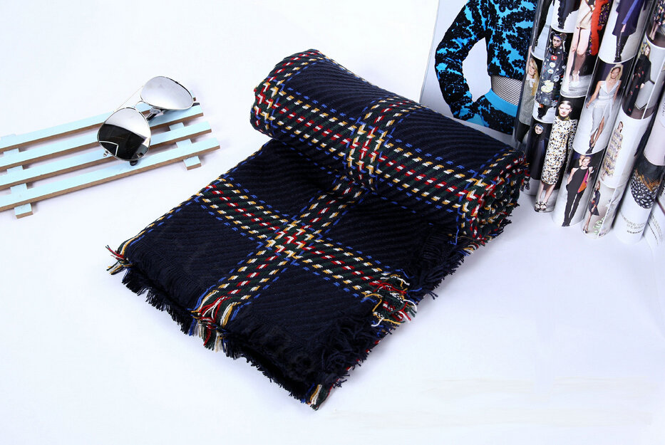 Plaid Women Scarf Shawls Winter Warm Wool Solid Scarves 200*100CM - Blue