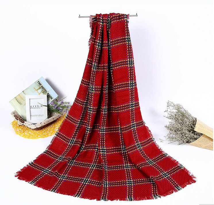 Plaid Women Scarf Shawls Winter Warm Wool Solid Scarves 200*100CM - Red