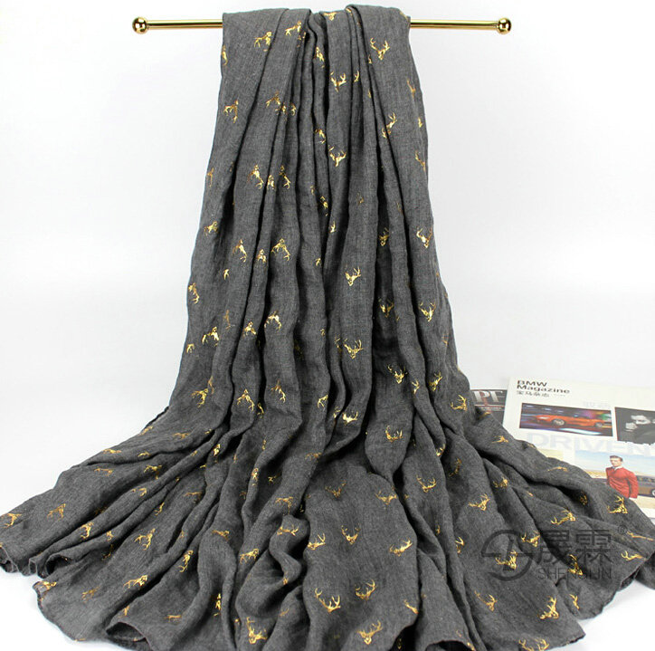 Print Fawn Women Pashmina Shawl Winter Warm Cotton Solid Panties 190*150CM - Grey