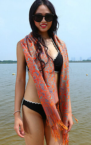 Print Scarf Shawls Women Pashmina Winter Warm Cotton Panties 170*70CM - Orange