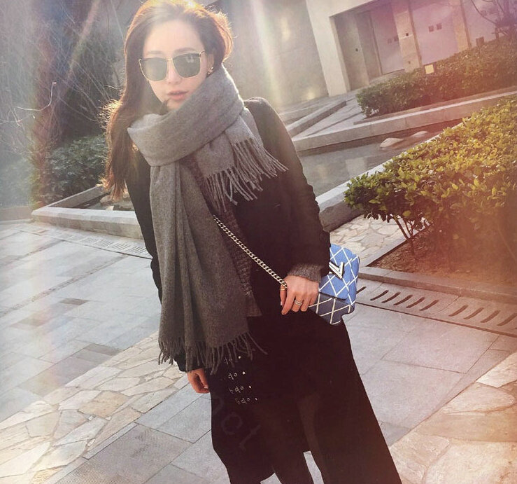 Tassels Unisex Scarf Shawl Winter Warm Cashmere Solid Wraps 190*76CM - Grey