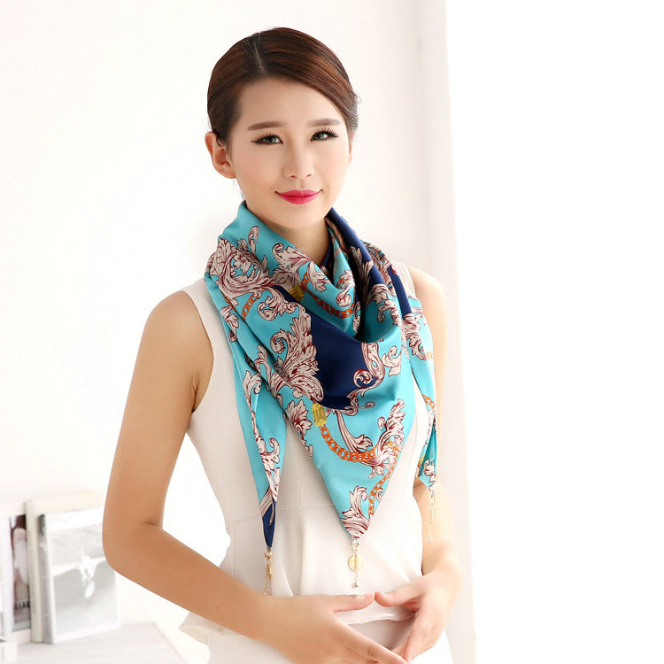 Unique Women Scarf Shawls Print Flower Silk Scarves Wraps 180*90CM - Blue