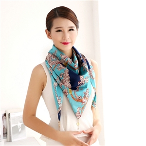 Unique Women Scarf Shawls Print Flower Silk Scarves Wraps 180*90CM - Blue