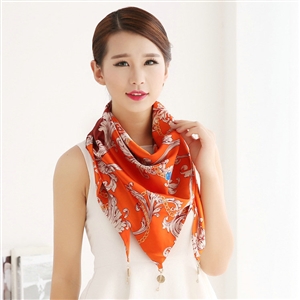 Unique Women Scarf Shawls Print Flower Silk Scarves Wraps 180*90CM - Orange